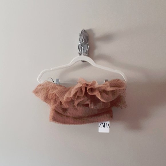NWT Zara polka dot & pink / tan tulle crop top, M - Picture 8 of 9